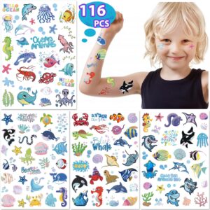 116 pcs ocean sea animal kids temporary tattoos, cute fish metallic styles underwater tattoo stickers for ocean theme party decor, tropical sea creature shark tattoos for 4 5 6 years old boys girls