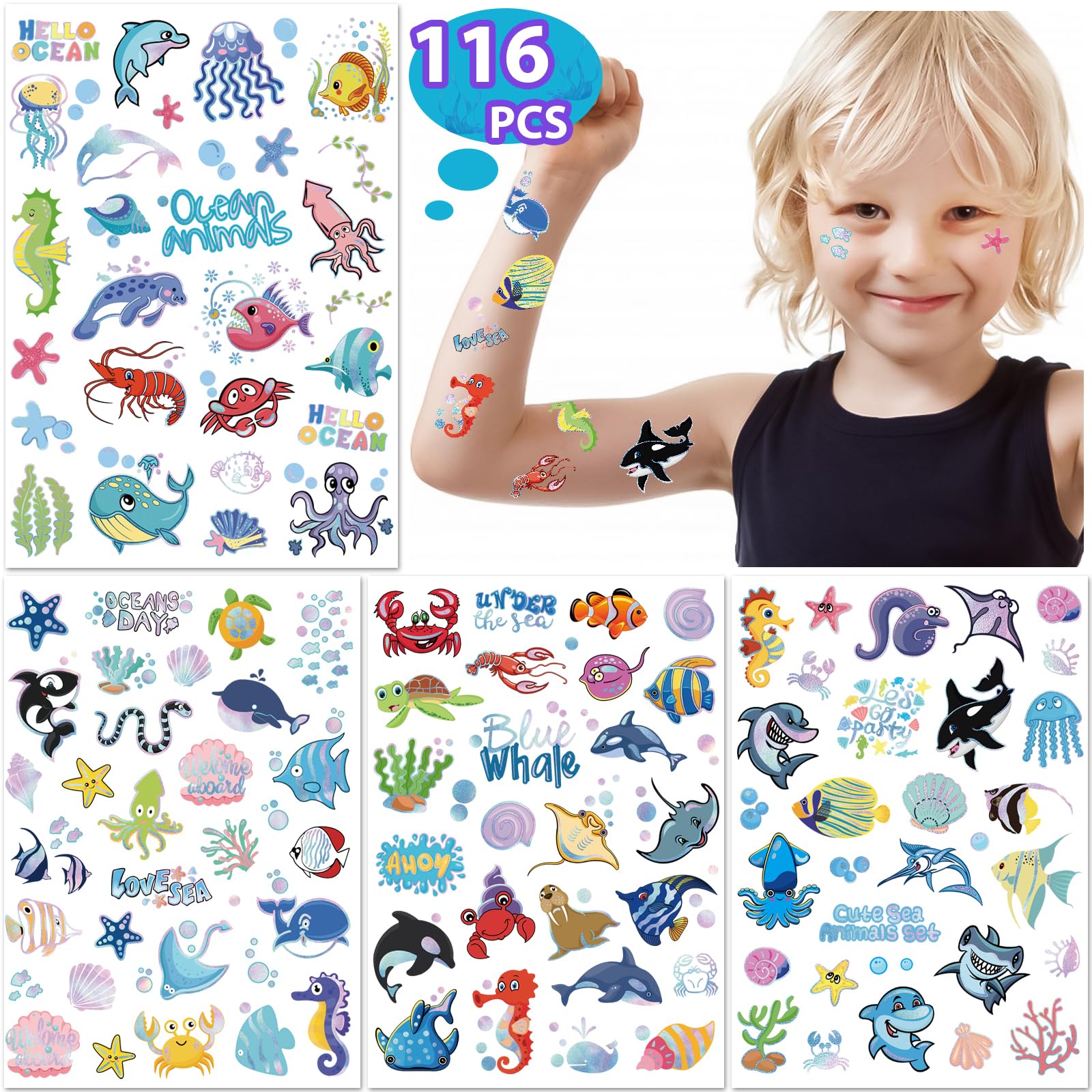 116 PCS Ocean Sea Animal Kids Temporary Tattoos, Cute Fish Metallic Styles Underwater Tattoo Stickers for Ocean Theme Party Decor, Tropical Sea Creature Shark Tattoos for 4 5 6 Years Old Boys Girls