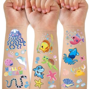 116 PCS Ocean Sea Animal Kids Temporary Tattoos, Cute Fish Metallic Styles Underwater Tattoo Stickers for Ocean Theme Party Decor, Tropical Sea Creature Shark Tattoos for 4 5 6 Years Old Boys Girls