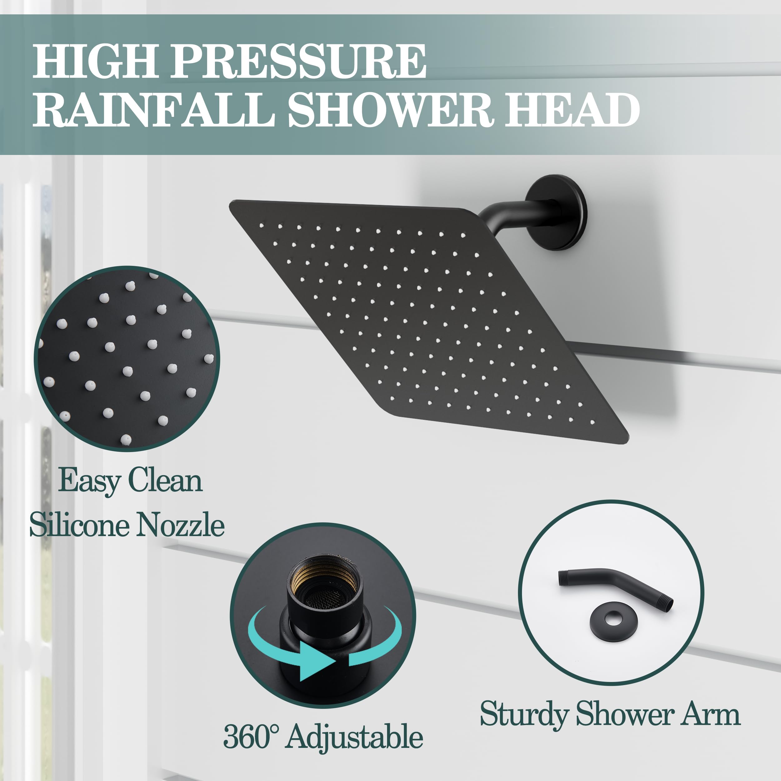 Holispa Shower Faucet Set, Black Shower Faucet with 8-Inch Shower Head, All Metal Shower Head and Handle Set, Shower Trim Kit Included Shower Valve, Matte Black