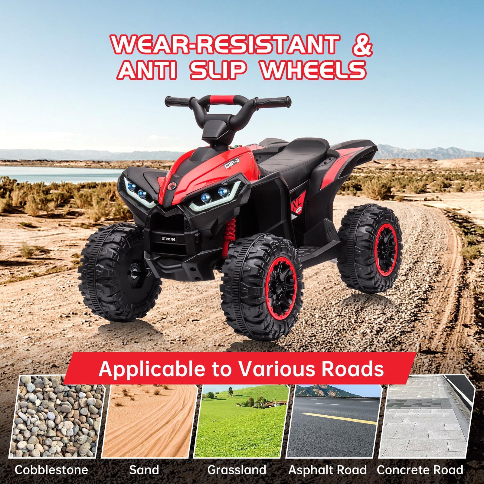 12V Kids Ride-On Electric ATV, 4-Wheeler Off-Road 4WD Car Toy w/2 Control Modes, Treaded Tires, LED Lights, Accelerator Handle,Foot Pedal,Spring Suspension,AUX Port red