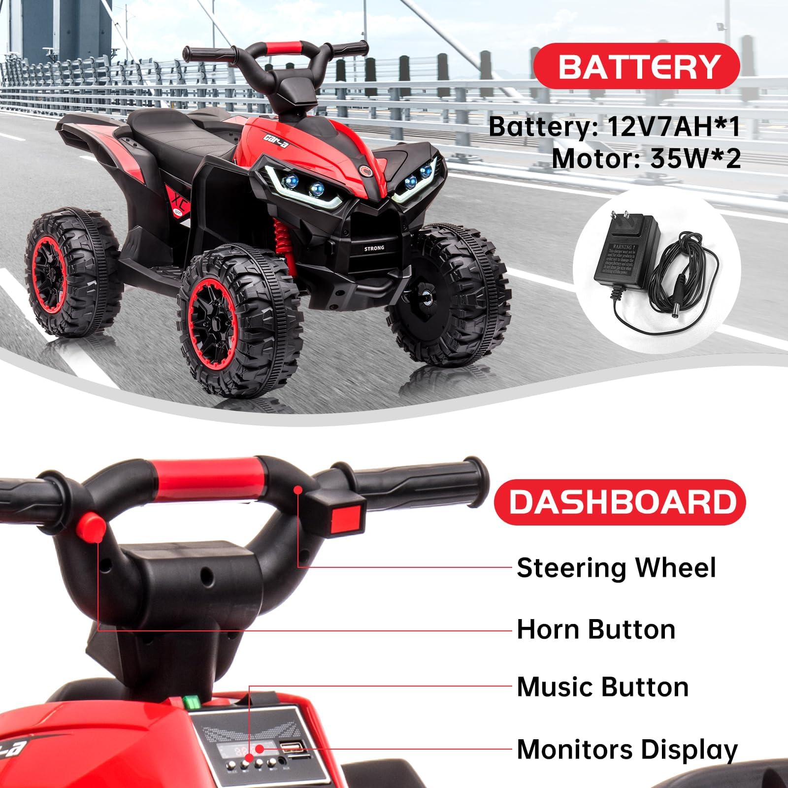 12V Kids Ride-On Electric ATV, 4-Wheeler Off-Road 4WD Car Toy w/2 Control Modes, Treaded Tires, LED Lights, Accelerator Handle,Foot Pedal,Spring Suspension,AUX Port red