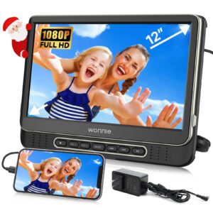 wonnie 12" headrest dvd player portable for car, support 1080p/mp4 video with hdmi input/output, mounting bracket, ac adapter, car charger, av out, usb card reader, last memory