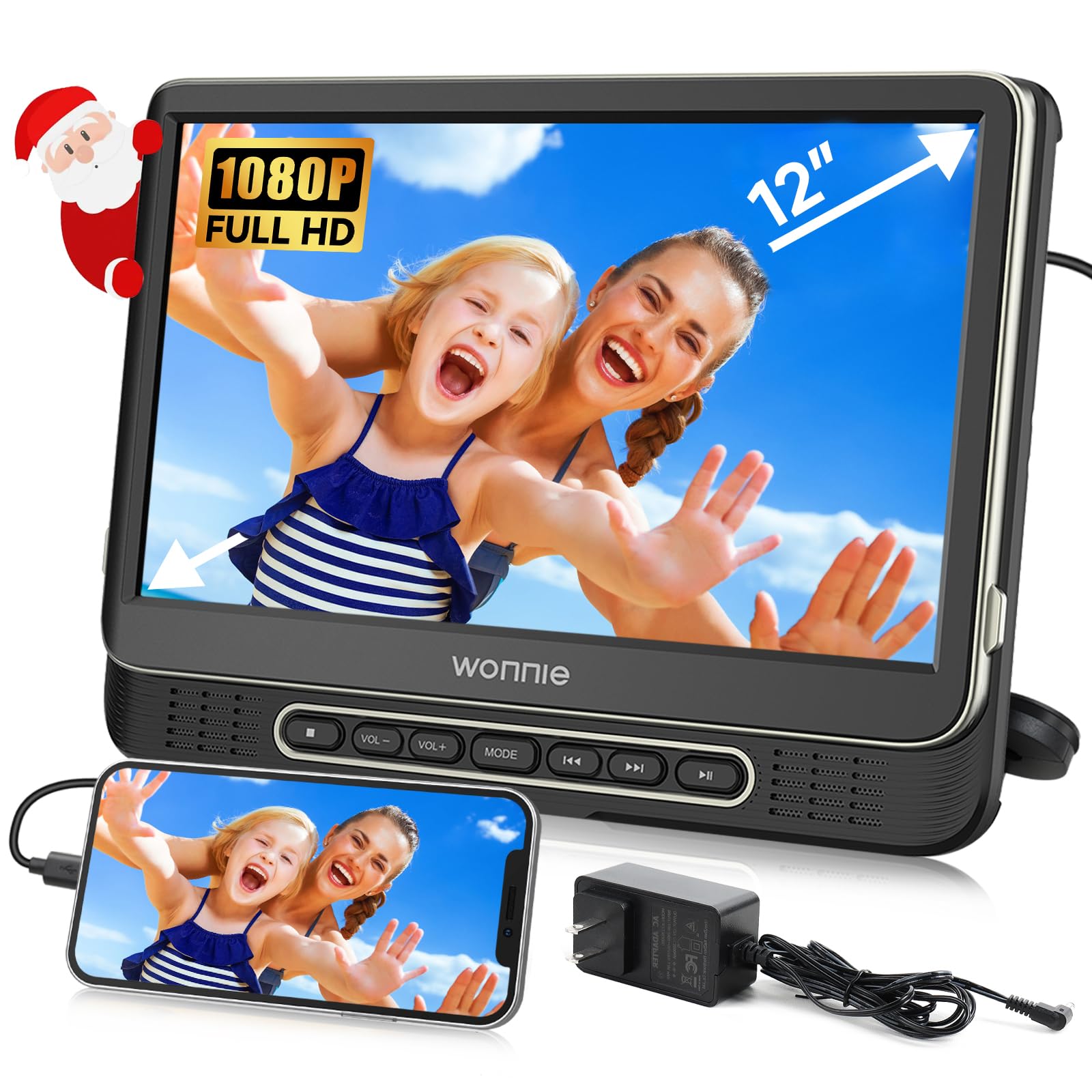 WONNIE 12" Headrest DVD Player Portable for Car, Support 1080P/MP4 Video with HDMI Input/Output, Mounting Bracket, AC Adapter, Car Charger, AV Out, USB Card Reader, Last Memory