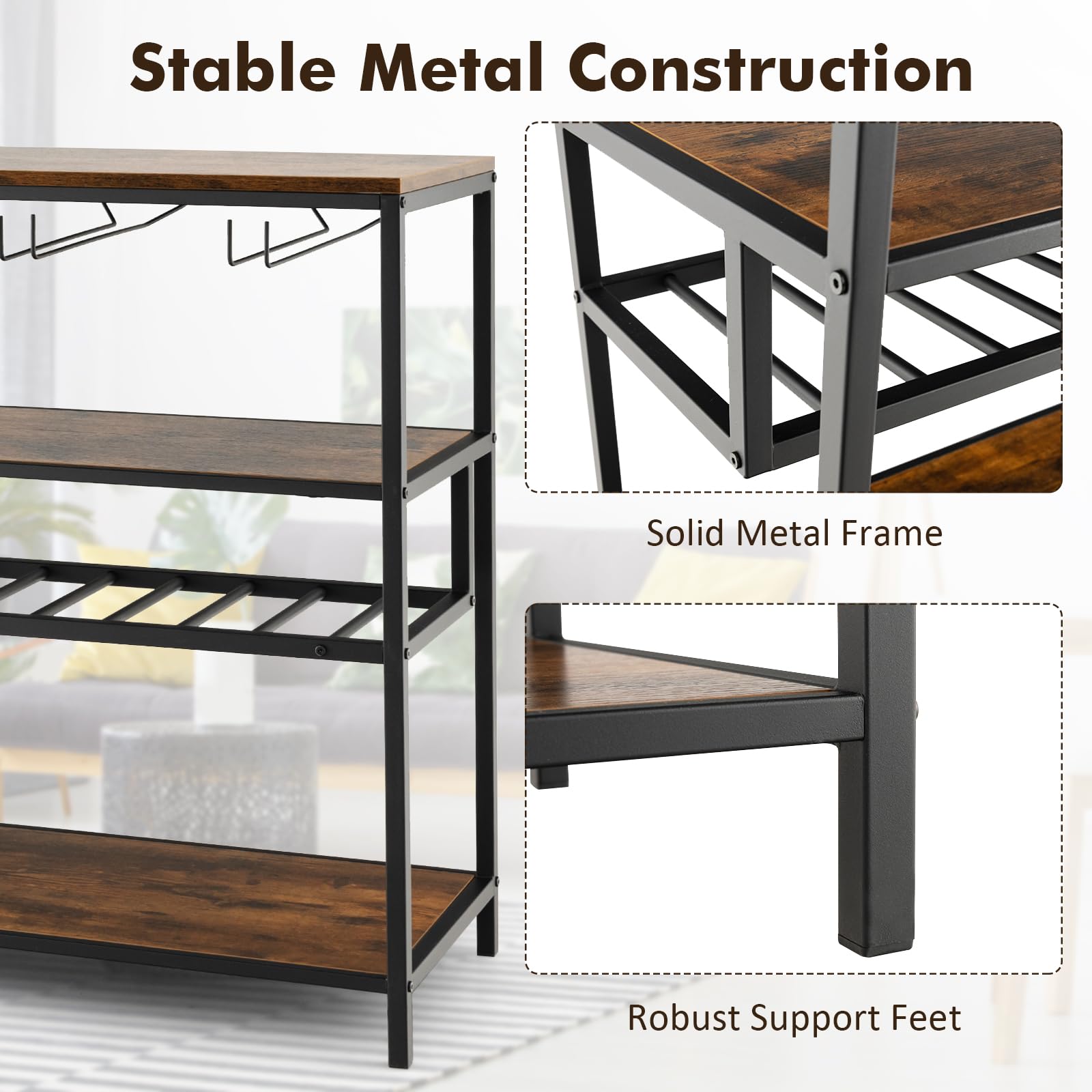 Giantex Industrial 4-Tier Wine Rack Table, 13-Bottle Wooden Wine Bar Cabinet with Wine Rack, 20 Glasses Holder, Wine Storage Rack with Metal Frame, Wine Rack Freestanding Floor, Rustic Brown