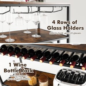 Giantex Industrial 4-Tier Wine Rack Table, 13-Bottle Wooden Wine Bar Cabinet with Wine Rack, 20 Glasses Holder, Wine Storage Rack with Metal Frame, Wine Rack Freestanding Floor, Rustic Brown