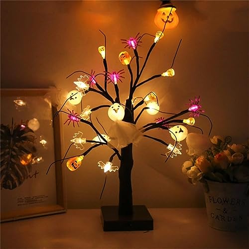 WUYJTIF 1.5FT Black Halloween Tree Lights with 24 Decorated Ghost/Pumpkin/Spider Lights, Timer/Battery Powered Halloween Decorations Indoor Outdoor Suitable for Home, Table, Mantle, Party Decorations