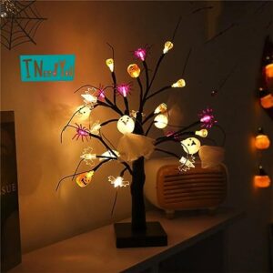 WUYJTIF 1.5FT Black Halloween Tree Lights with 24 Decorated Ghost/Pumpkin/Spider Lights, Timer/Battery Powered Halloween Decorations Indoor Outdoor Suitable for Home, Table, Mantle, Party Decorations