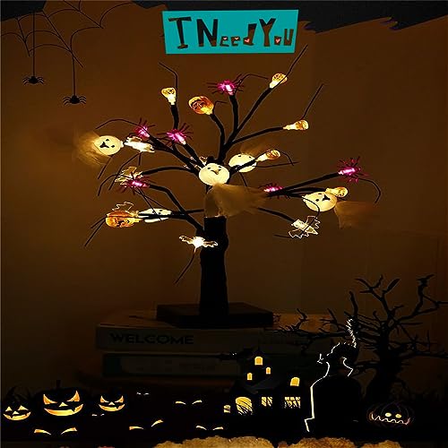 WUYJTIF 1.5FT Black Halloween Tree Lights with 24 Decorated Ghost/Pumpkin/Spider Lights, Timer/Battery Powered Halloween Decorations Indoor Outdoor Suitable for Home, Table, Mantle, Party Decorations