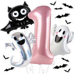 dripykiaa 16pcs spooky one balloon set 40" pink one year old balloon bouquet for first birthday bat ghost foil helium balloons birthday helloween party decorations party supplies backdrops for girl