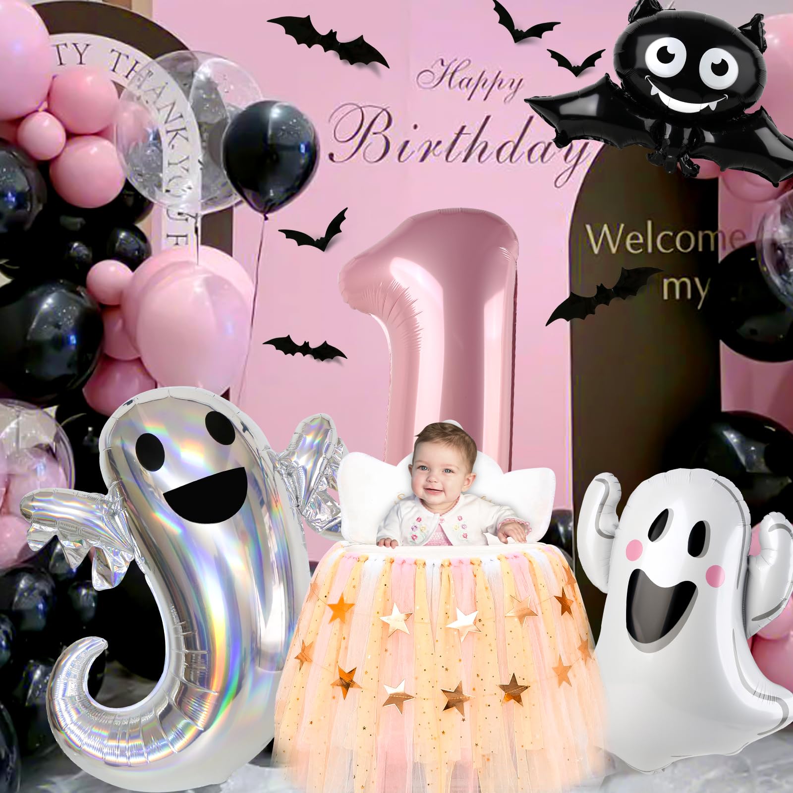 Dripykiaa 16Pcs Spooky One Balloon Set 40" Pink One Year Old Balloon Bouquet for First Birthday Bat Ghost Foil Helium Balloons Birthday Helloween Party Decorations Party Supplies Backdrops for Girl