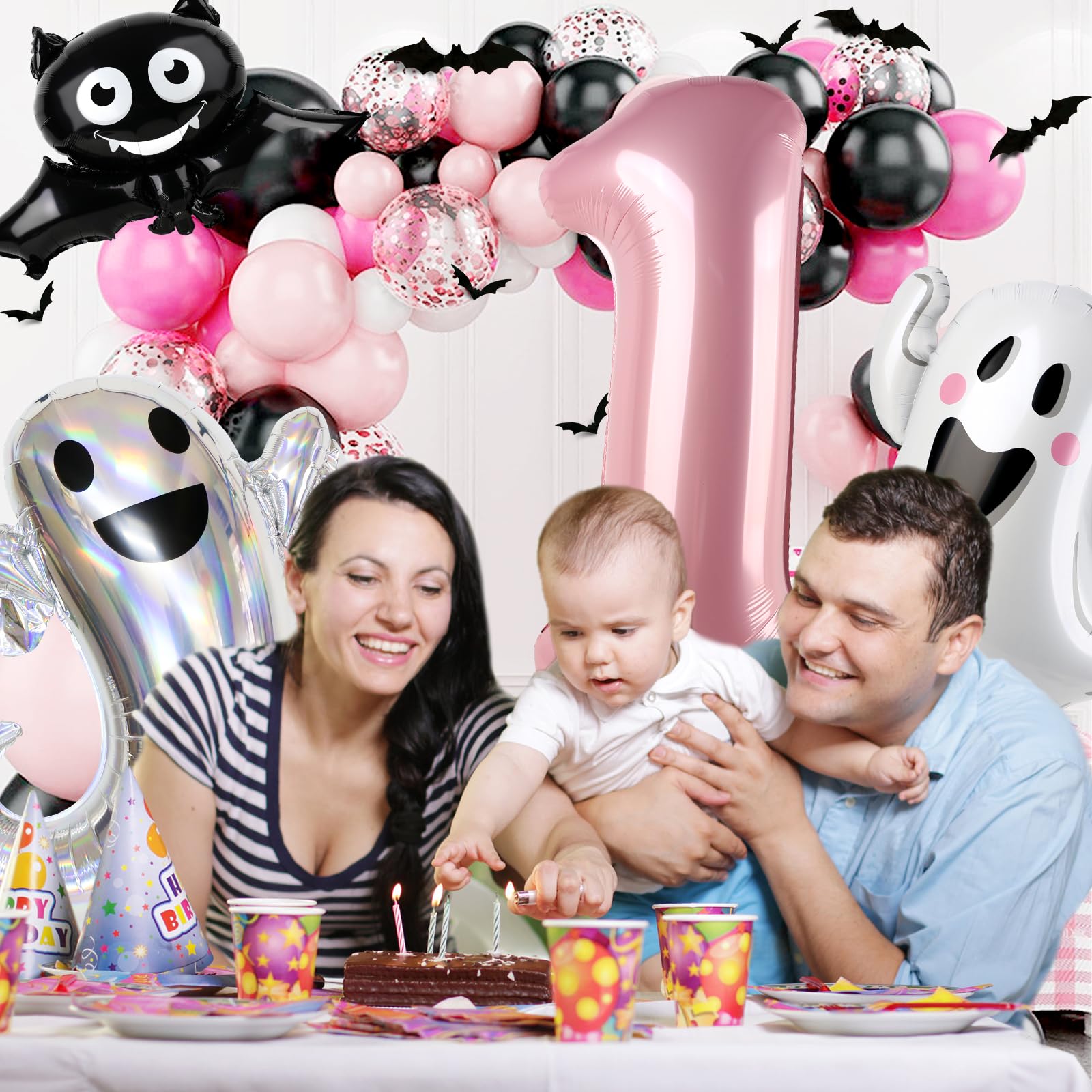 Dripykiaa 16Pcs Spooky One Balloon Set 40" Pink One Year Old Balloon Bouquet for First Birthday Bat Ghost Foil Helium Balloons Birthday Helloween Party Decorations Party Supplies Backdrops for Girl