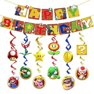 mario birthday party supplies, mario happy birthday themed party banner with 12 hanging swirls for kids boys girls birthday baby shower mario party decorations