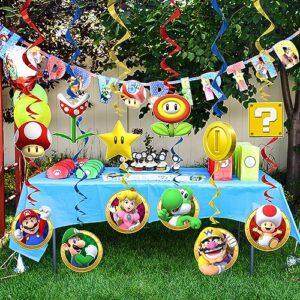 Mario Birthday Party Supplies, Mario Happy Birthday Themed Party Banner with 12 Hanging Swirls for Kids Boys Girls Birthday Baby Shower Mario Party Decorations