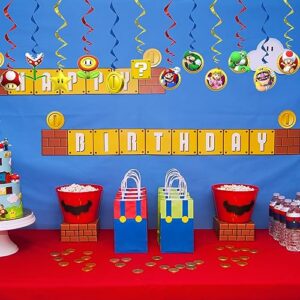 Mario Birthday Party Supplies, Mario Happy Birthday Themed Party Banner with 12 Hanging Swirls for Kids Boys Girls Birthday Baby Shower Mario Party Decorations