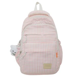 moveif striped canvas backpack with cute accessories lightweight shoulder bag casual travel daypack (pink)