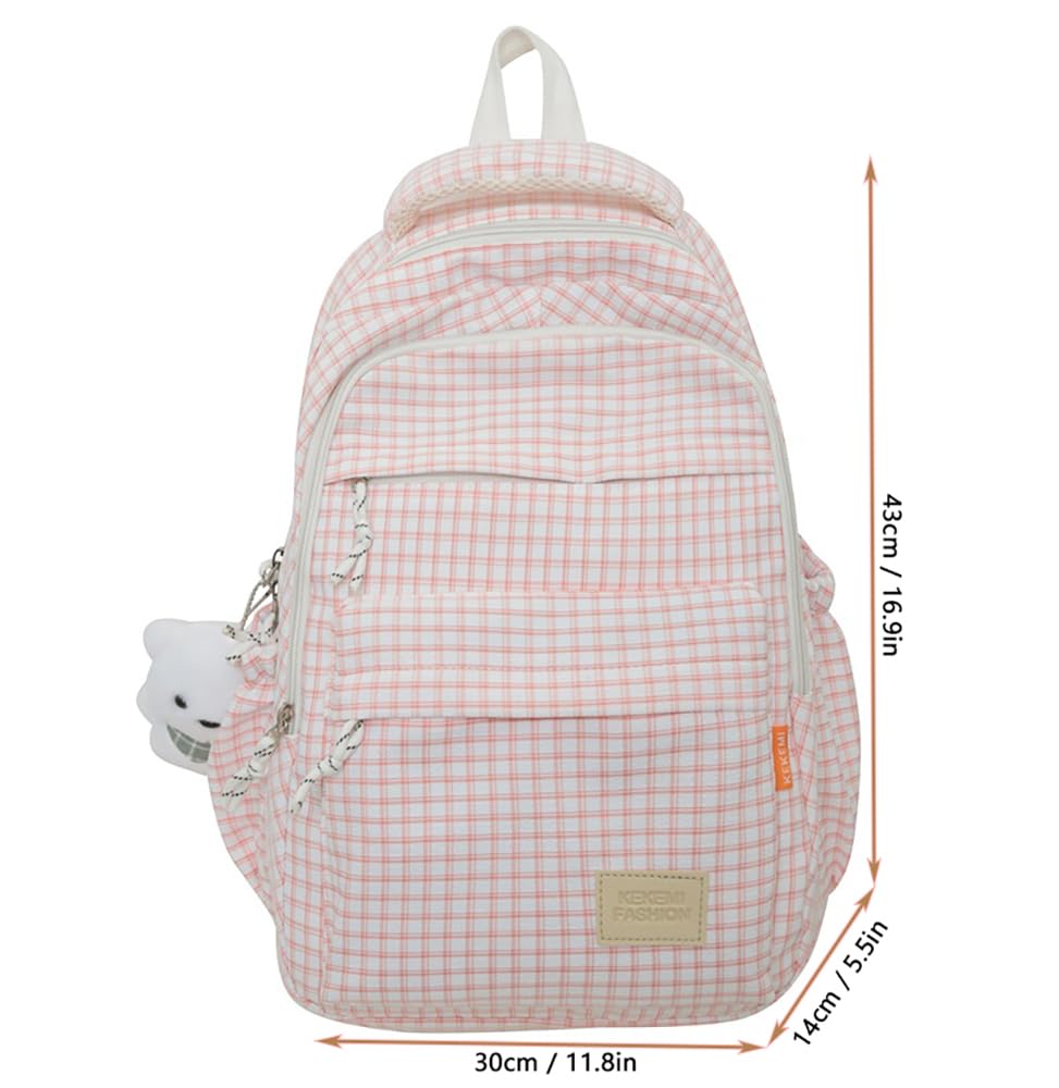 MOVEIF Striped Canvas Backpack with Cute Accessories Lightweight Shoulder Bag Casual Travel Daypack (Pink)