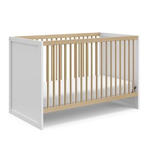 storkcraft calabasas 3-in-1 convertible crib (white with driftwood) – greenguard gold certified, fits standard crib mattress, converts to toddler bed, modern style, easy 30-minute assembly