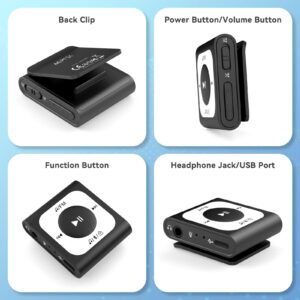 64GB Clip MP3 Player with Bluetooth, AGPTEK A51PL Portable Music Player with FM Radio, Shuffle, No Phone Needed, for Sports(Black)