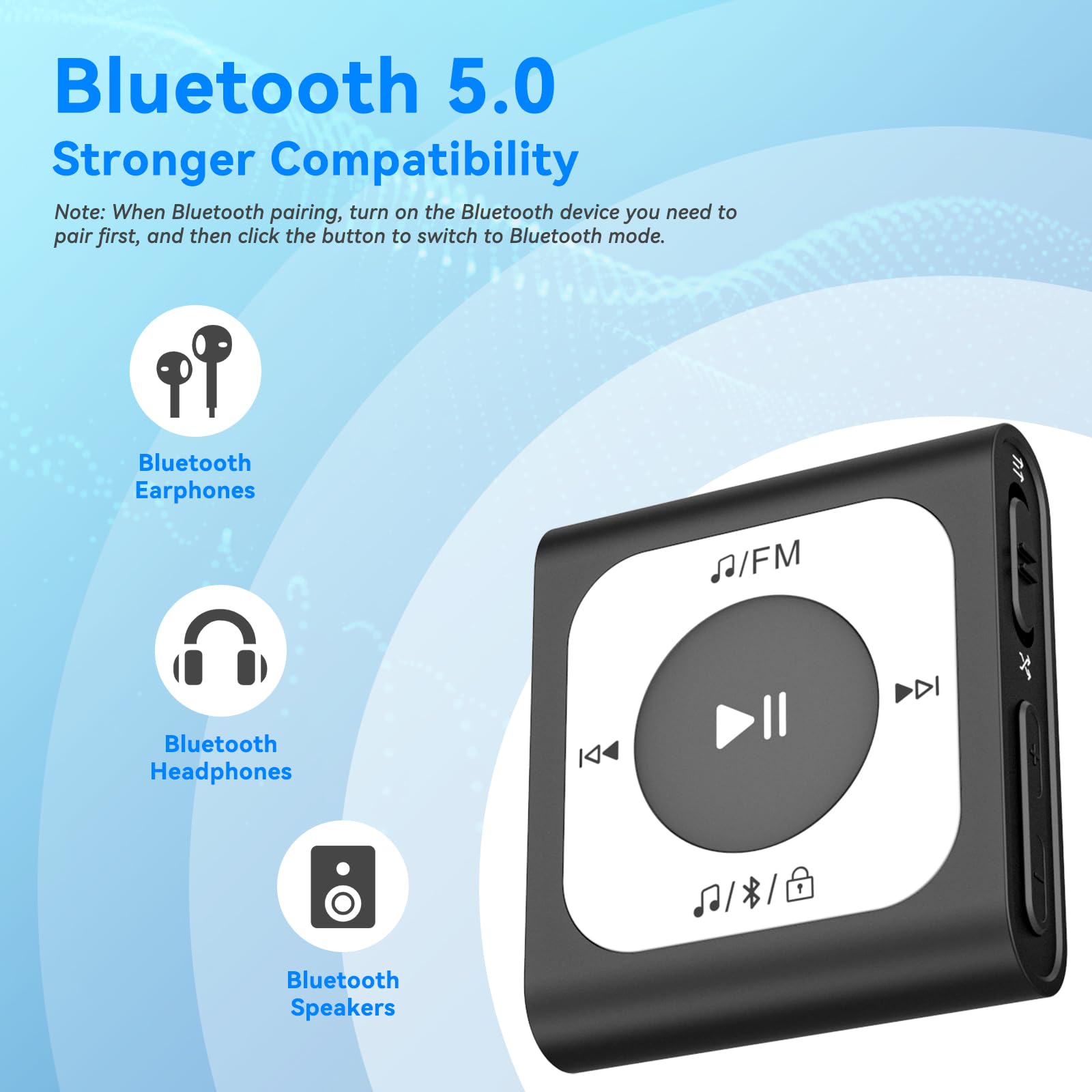 64GB Clip MP3 Player with Bluetooth, AGPTEK A51PL Portable Music Player with FM Radio, Shuffle, No Phone Needed, for Sports(Black)