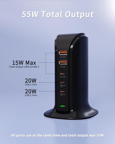 VPSUN USB C Charger Tower 55W, USB Charging Station 5 Port USB Block for iPhone 15/14/13/12, iPad, Samsung Galaxy, Google Pixel,HTC, and Multiple Devices 5V