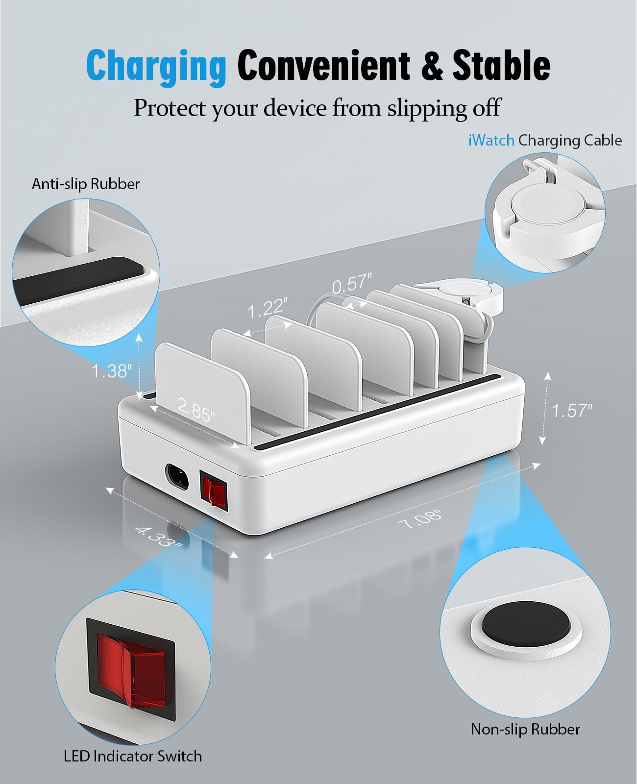 ₂₀₂₃𝘕𝘦𝘸 Charging Station Multiple Charger Station - 6-Port USB Fast Charging Dock 50W Organizer Station with Watch Charger for iPhone|Android Cell Phone|iPad|Kindle|Watch|Tablet