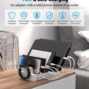 ₂₀₂₃𝘕𝘦𝘸 Charging Station Multiple Charger Station - 6-Port USB Fast Charging Dock 50W Organizer Station with Watch Charger for iPhone|Android Cell Phone|iPad|Kindle|Watch|Tablet