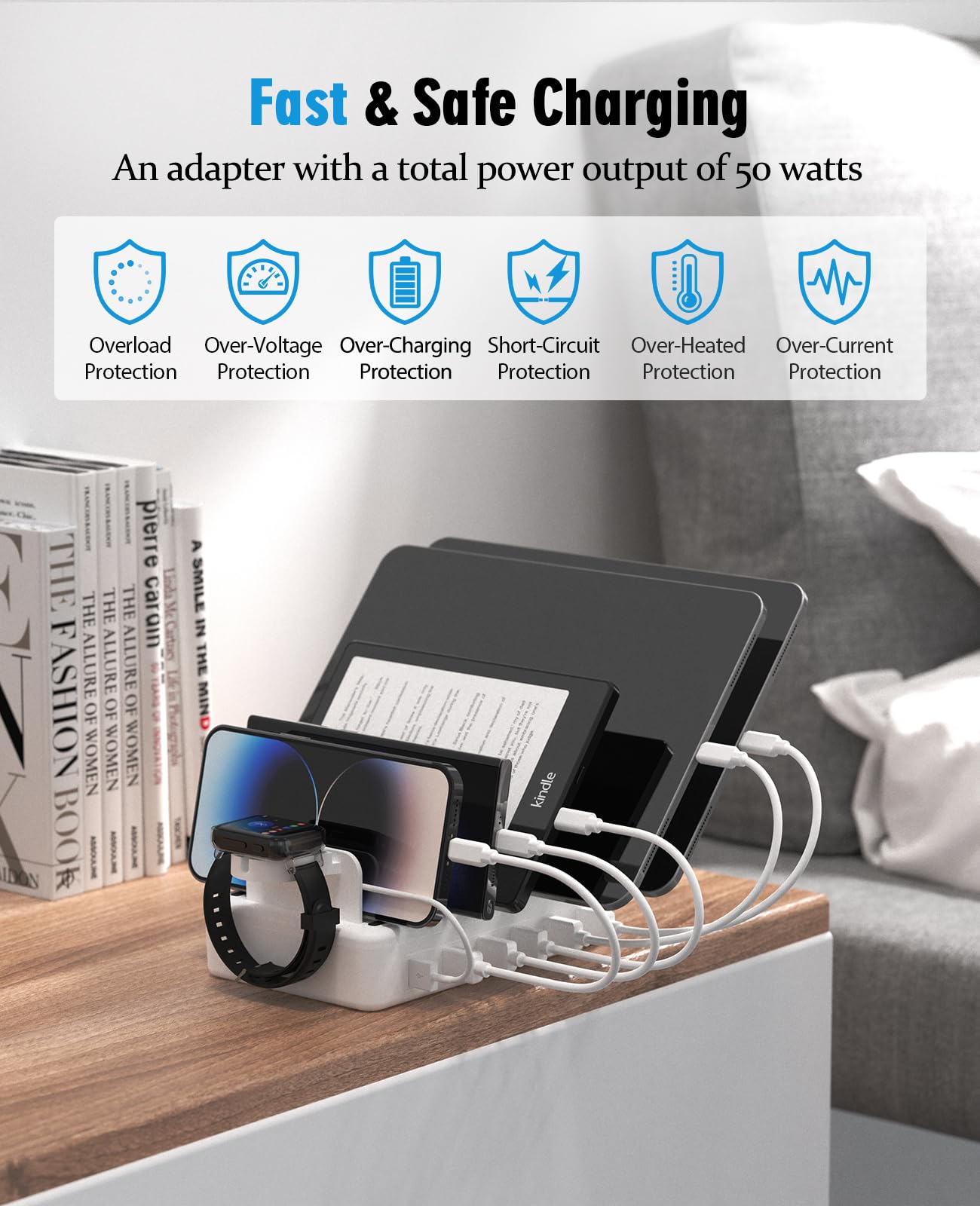 ₂₀₂₃𝘕𝘦𝘸 Charging Station Multiple Charger Station - 6-Port USB Fast Charging Dock 50W Organizer Station with Watch Charger for iPhone|Android Cell Phone|iPad|Kindle|Watch|Tablet