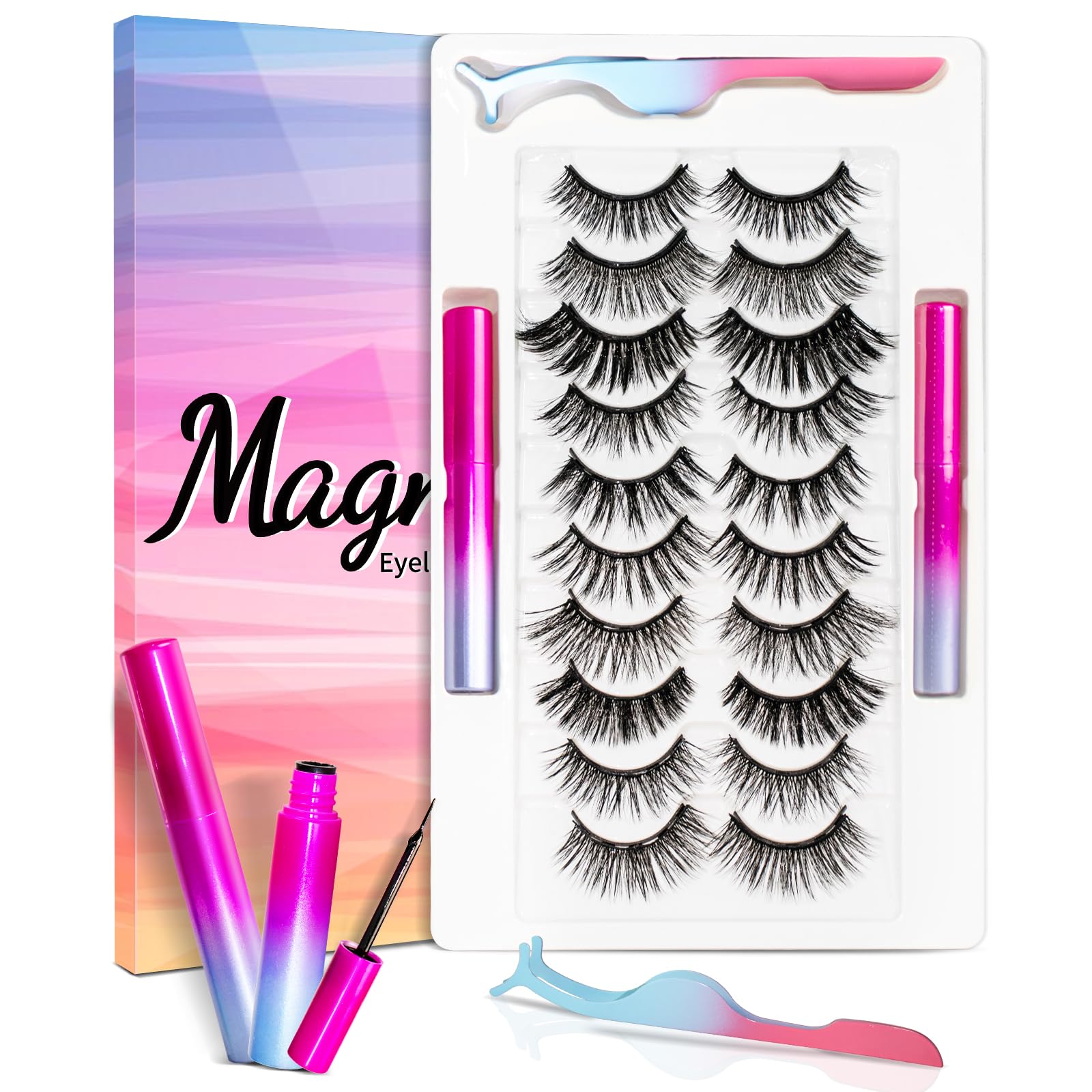 Magnetic Eyelashes Kit, Reusable Magnetic lashes Natural Look, 10 Pairs False Eyelashes with Magnetic Eyeliner & Tweezers, No Glue Needed, Easy to Wear (Blue Purple)