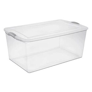 becenbin latch box plastic storage bin tote organizing container with durable lid, 105 qt. stackable and nestable snap lid plastic storage bin, clear with gray buckle