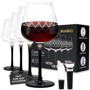 miamio – wine glasses, set of 4 premium crystal wine glasses with black long stem wine glasses, unique wine glasses – crystaluna collection (red wine)