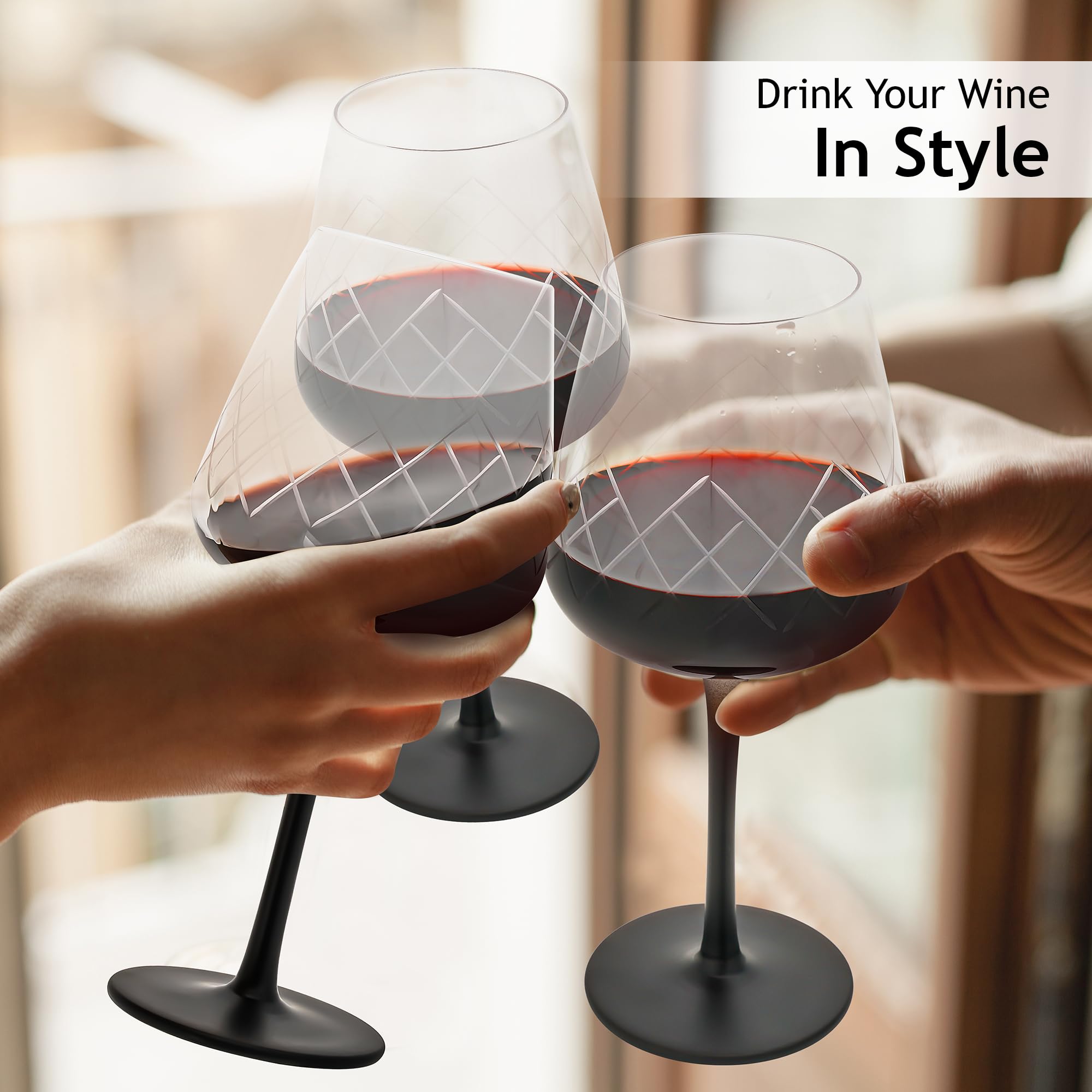 MIAMIO – Wine Glasses, Set of 4 Premium Crystal Wine Glasses with Black Long Stem Wine Glasses, Unique Wine Glasses – Crystaluna Collection (Red Wine)