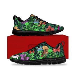 Mens Womens Alien Shoes Running Walking Tennis Sneakers Alien UFO Tropical Hibiscus Flower Shoes Gifts for Women Men,Size 10.5 Men/12 Women Black