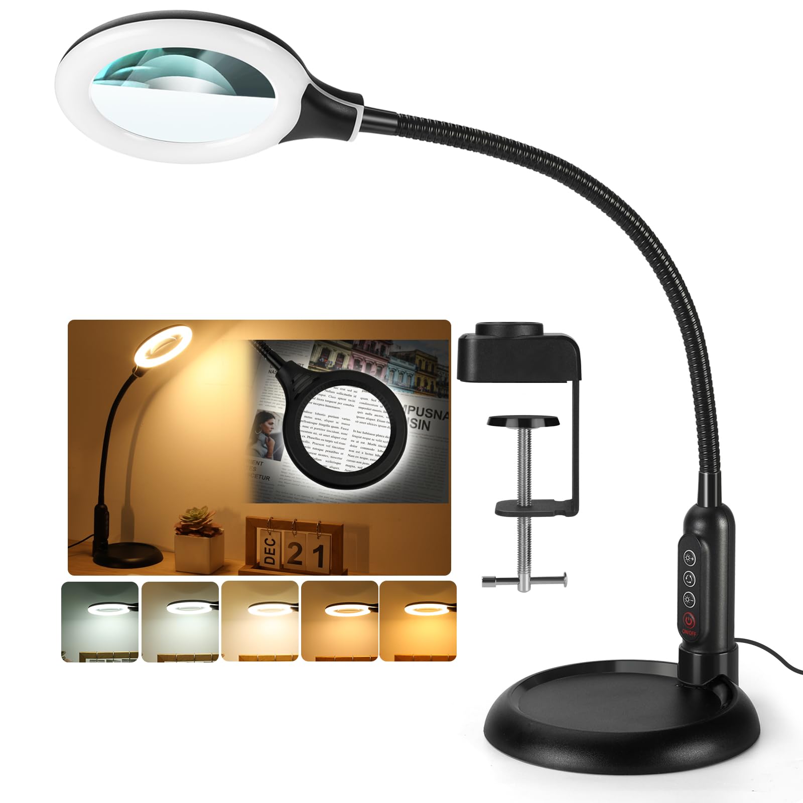 Jeedefi 2-in-1 10X Magnifying Glass with Light and Stand, 5 Color Modes Stepless Dimmable LED Magnifying Clamp Lamp, Desk Lighted Magnifier Hands Free for Crafts Close Work Painting Hobby, Black