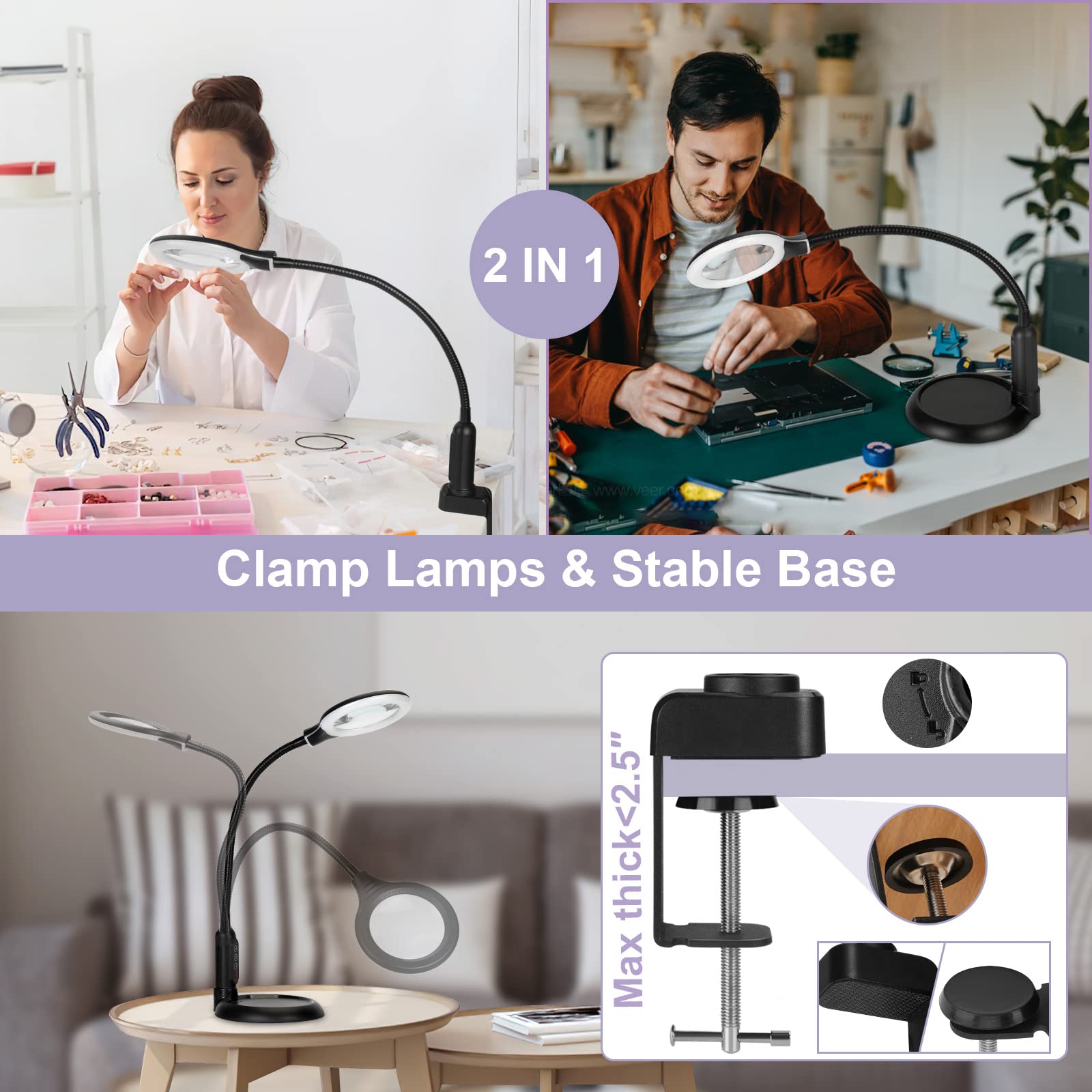 Jeedefi 2-in-1 10X Magnifying Glass with Light and Stand, 5 Color Modes Stepless Dimmable LED Magnifying Clamp Lamp, Desk Lighted Magnifier Hands Free for Crafts Close Work Painting Hobby, Black