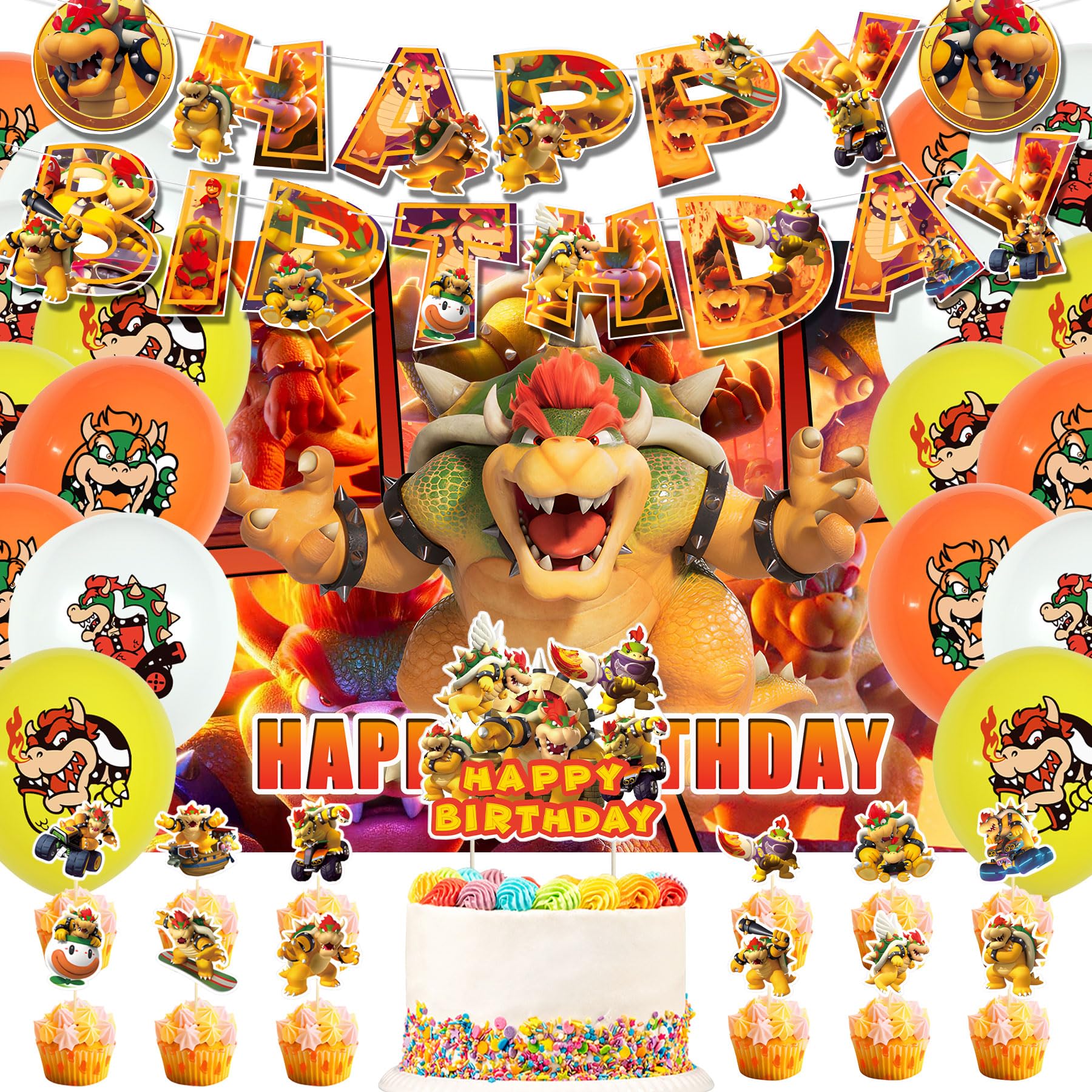 kozrlib Ma-rio Bowser Birthday Party Supplies Cartoon Bowser Theme Party Decorations Including Cake Topper Banner Cupcake Toppers Balloons and Background