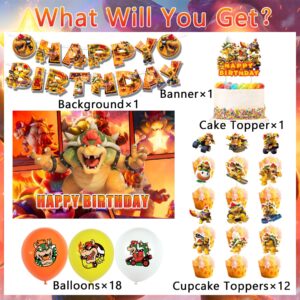 kozrlib Ma-rio Bowser Birthday Party Supplies Cartoon Bowser Theme Party Decorations Including Cake Topper Banner Cupcake Toppers Balloons and Background