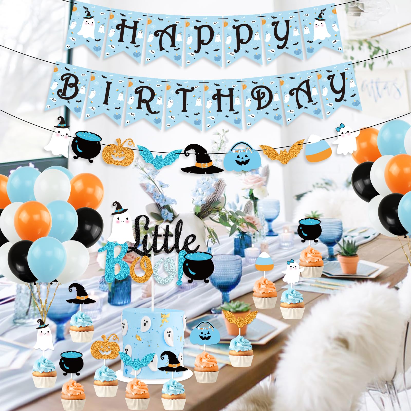 Blue Halloween Baby Shower Decorations, Boys Halloween Happy Birthday Banner Ghost Little Boo Cake Topper & Balloons for Halloween Theme Baby Shower The Spooky One Happy Boo Day Party Supplies