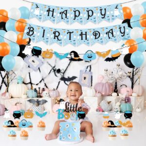 Blue Halloween Baby Shower Decorations, Boys Halloween Happy Birthday Banner Ghost Little Boo Cake Topper & Balloons for Halloween Theme Baby Shower The Spooky One Happy Boo Day Party Supplies