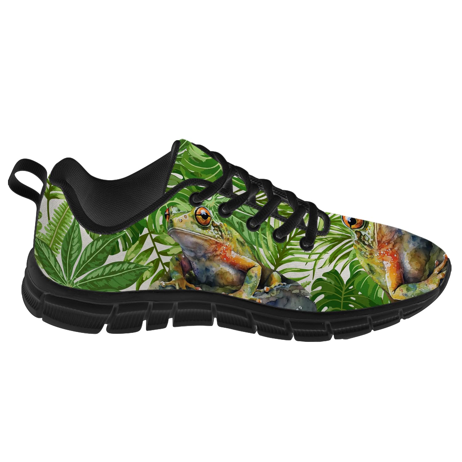 Frog Shoes for Women Men Running Walking Tennis Sneakers Red Eyes Frog Tropical Palm Leaves Shoes Gifts for Her Him,Size 6 Men/8 Women Black