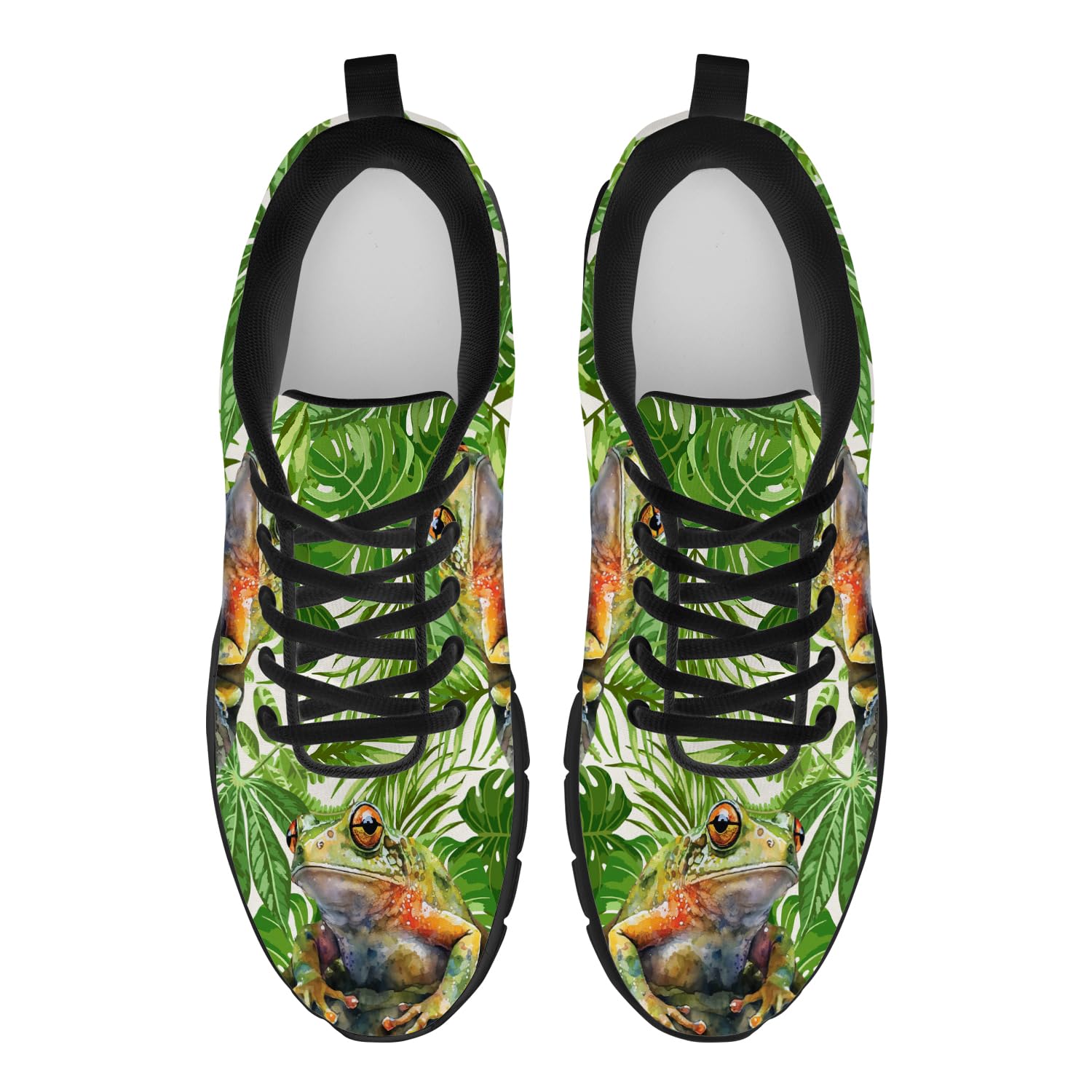 Frog Shoes for Women Men Running Walking Tennis Sneakers Red Eyes Frog Tropical Palm Leaves Shoes Gifts for Her Him,Size 6 Men/8 Women Black