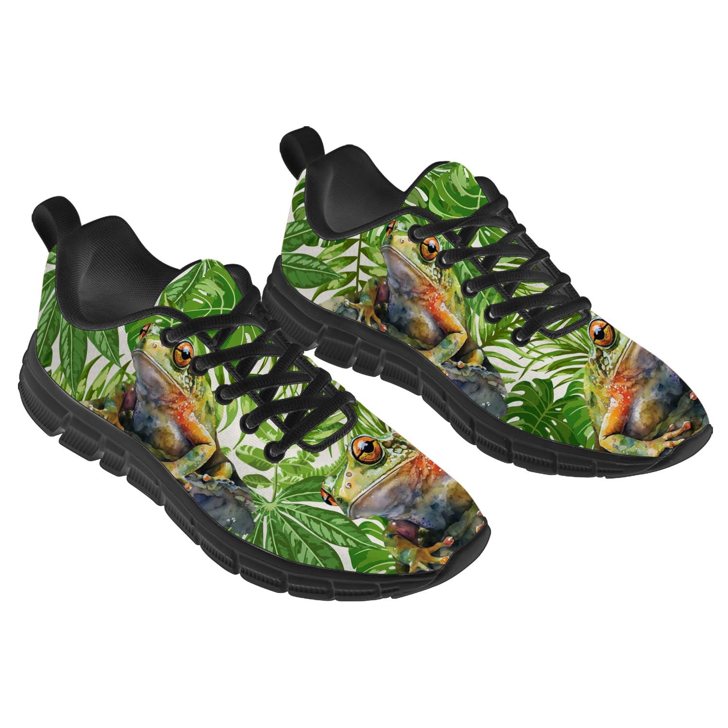 Frog Shoes for Women Men Running Walking Tennis Sneakers Red Eyes Frog Tropical Palm Leaves Shoes Gifts for Her Him,Size 6 Men/8 Women Black