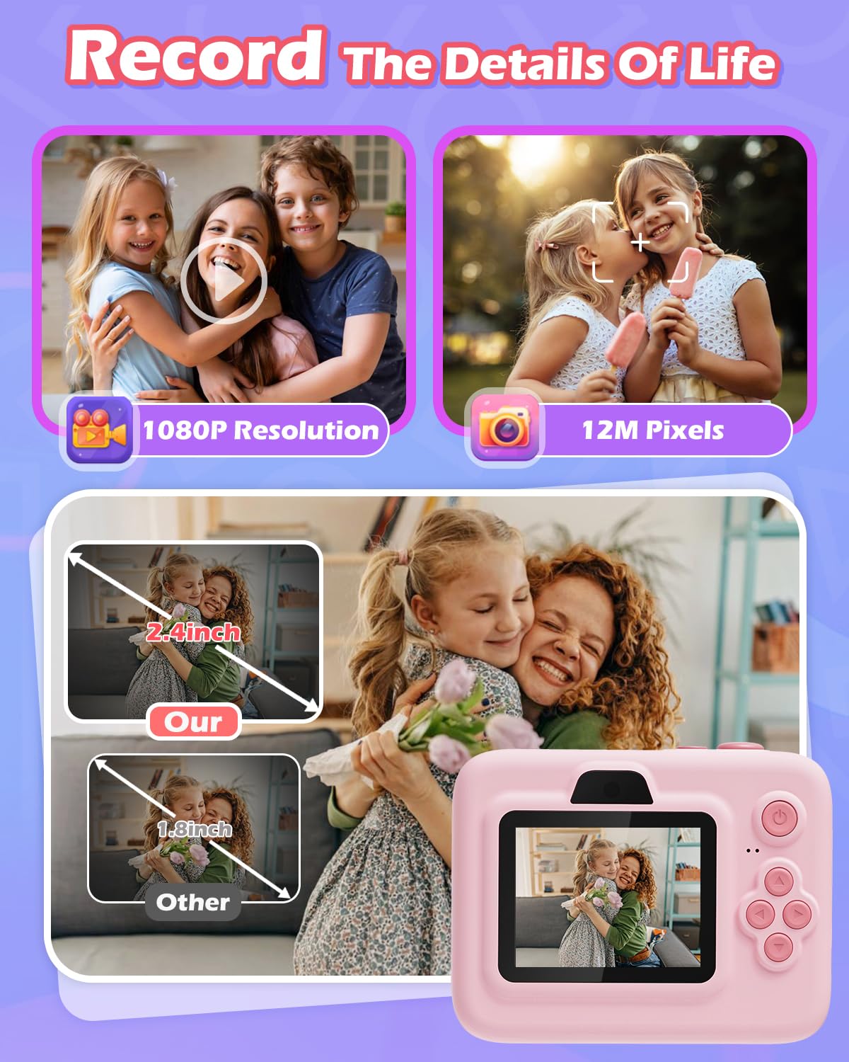 Anchioo Instant Print Camera for Kids, 2.4 Inch Screen Camera with 3 Print Paper, Birthday Gift for Girls Boys Age 3-12, 1080P Instant Camera Toys for 3 4 5 6 7 8 Year Old - Pink