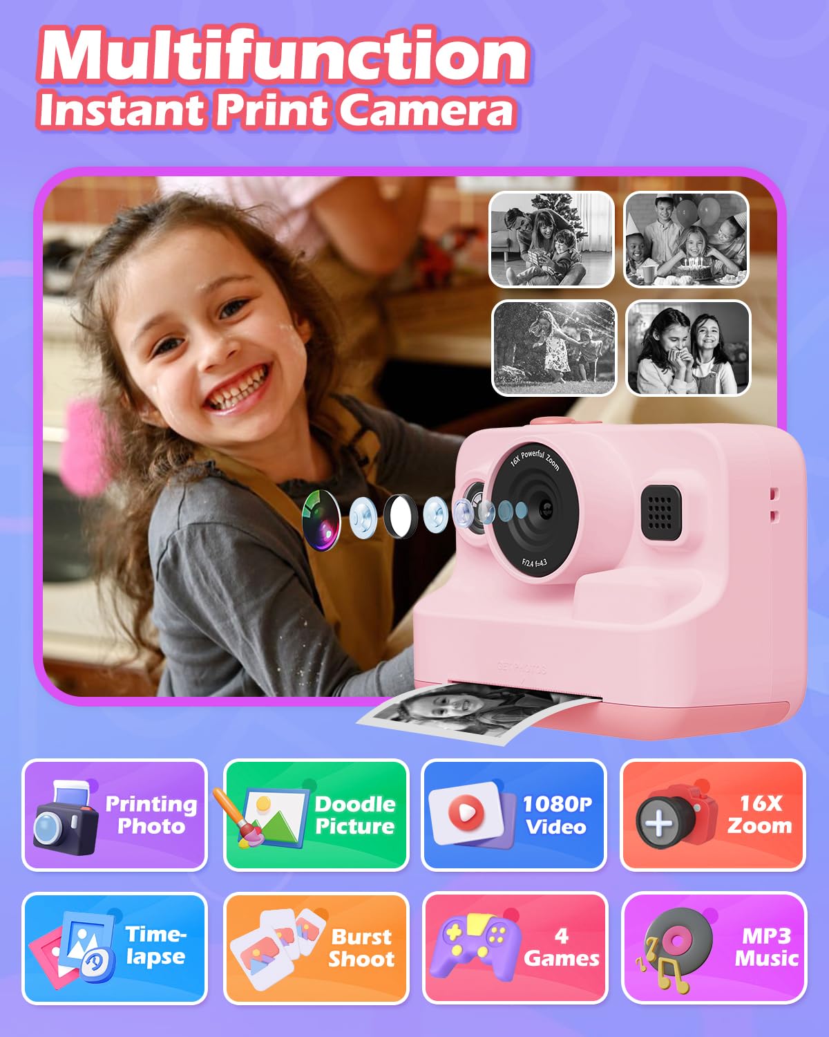 Anchioo Instant Print Camera for Kids, 2.4 Inch Screen Camera with 3 Print Paper, Birthday Gift for Girls Boys Age 3-12, 1080P Instant Camera Toys for 3 4 5 6 7 8 Year Old - Pink