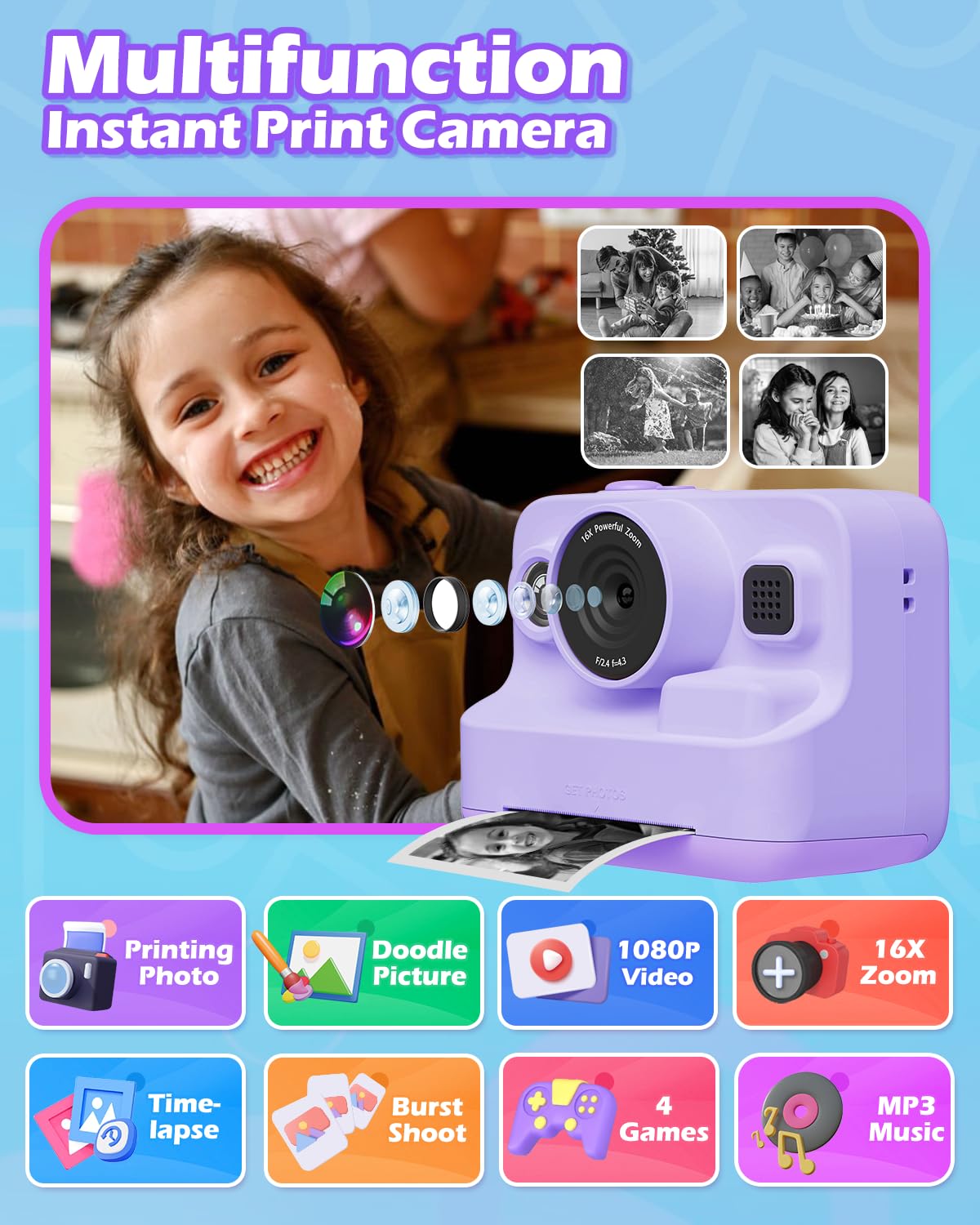 Anchioo Kids Digital Camera with 1080P Video, IPS Screen, 32GB SD Card - Christmas Gift, Age 3-12