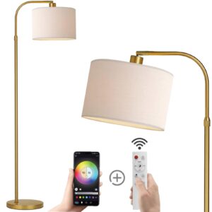 finnchy gold floor lamp with remote control, 1200 lumens 15w led bulb included, adjustable height arc floor lamps for living room, modern gold standing lamp dimmable floor lamp for bedroom, office