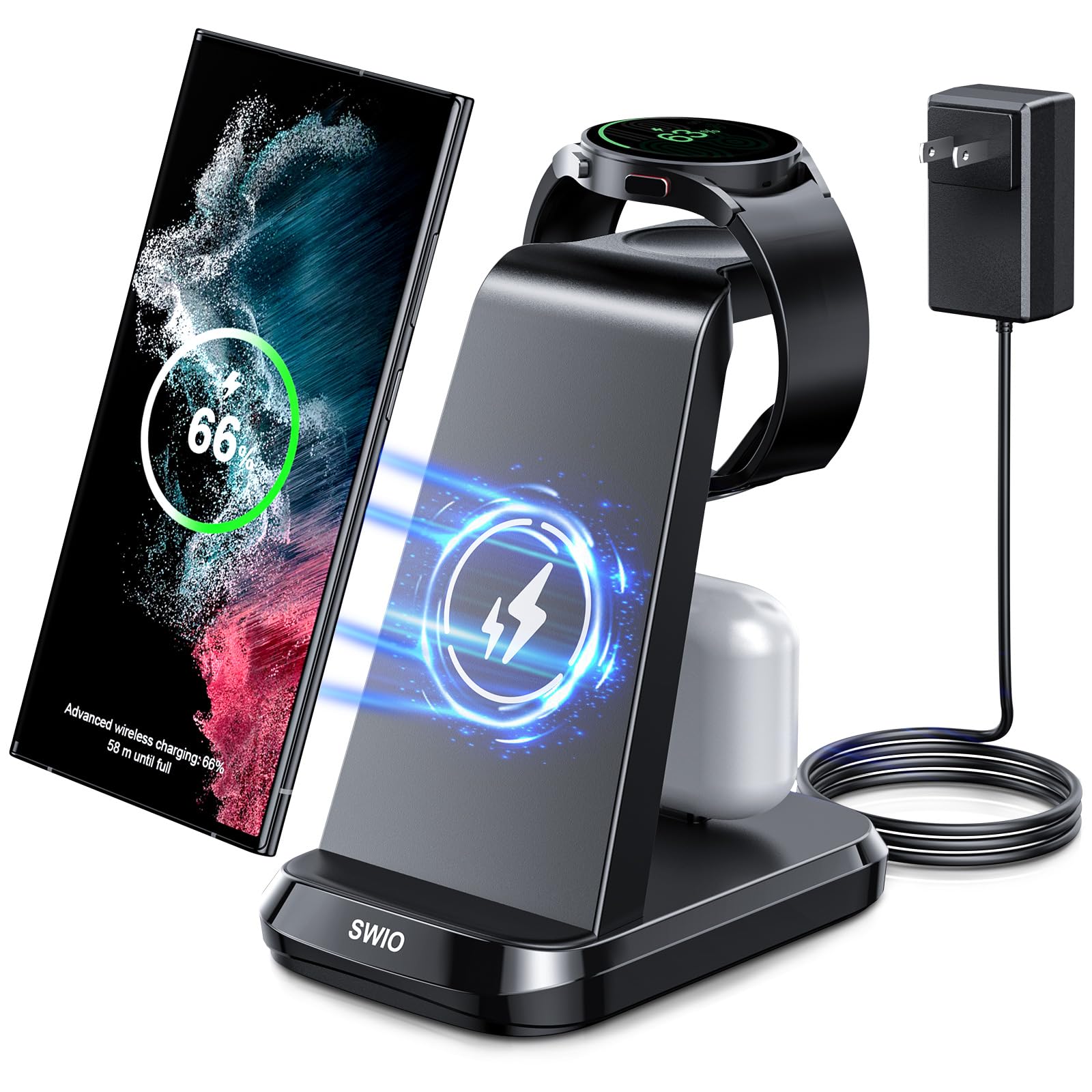 Wireless Charger for Samsung Phones Watch Earbuds (Not for Samsung Z Flip & A Series), SWIO 3 in 1 Charging Station for Samsung Watch 6/5/4/3, S24 S23 S22 S21 S20 /Note 20 10/ Z Fold 4 3, Buds/2/Pro