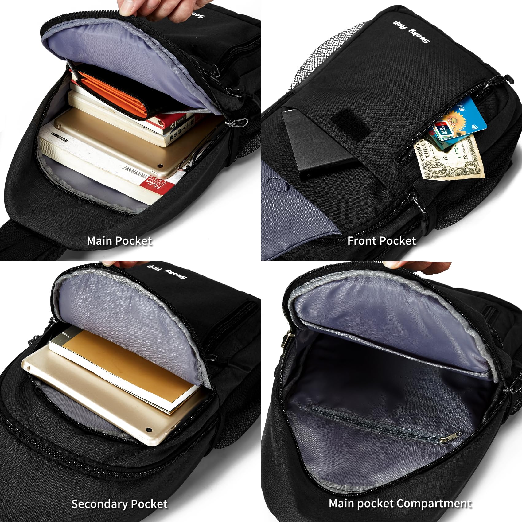 Seoky Rop Sling Backpack Bag for Men Women Water Resistant Crossbody Bag Daypack for Hiking Travel Black