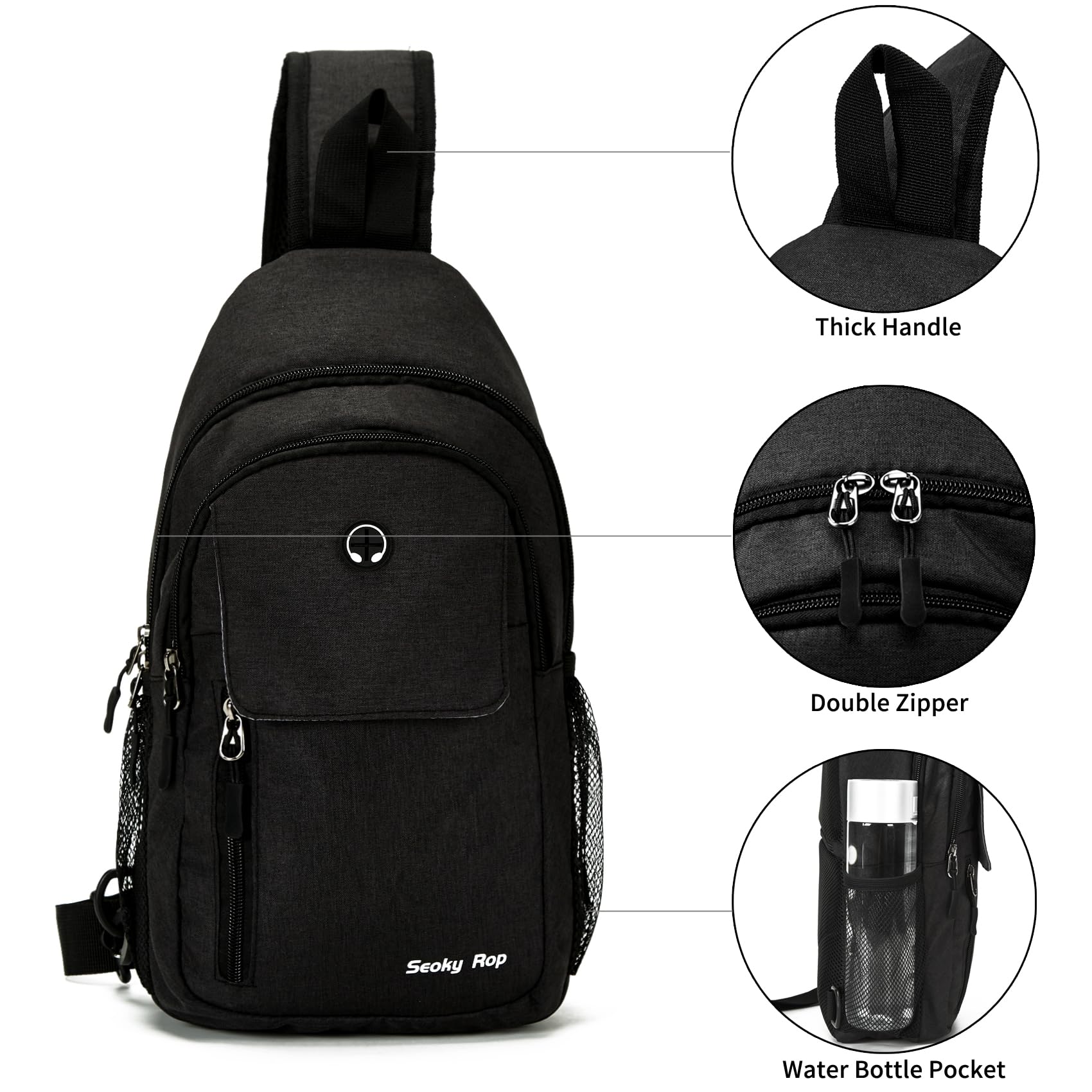 Seoky Rop Sling Backpack Bag for Men Women Water Resistant Crossbody Bag Daypack for Hiking Travel Black