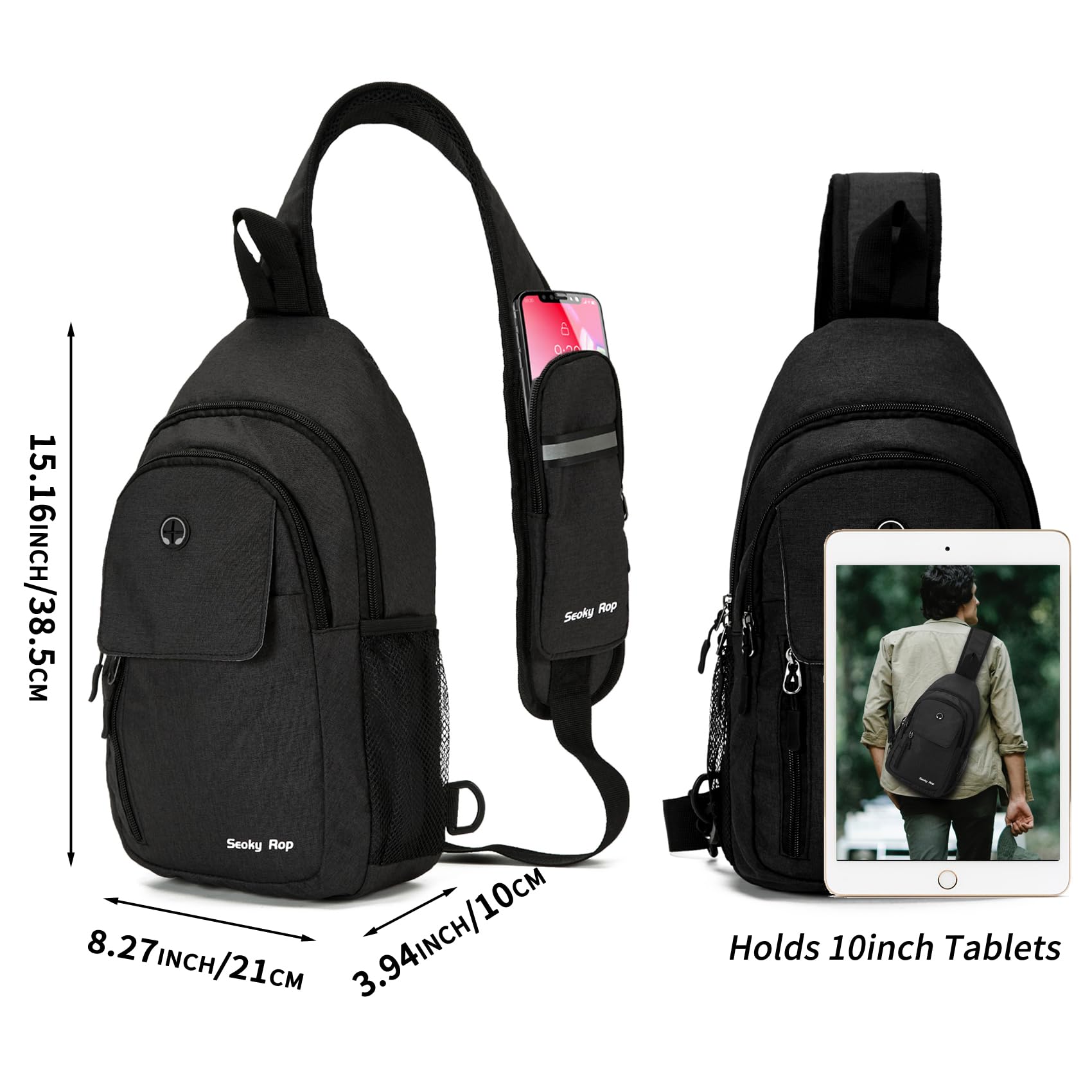 Seoky Rop Sling Backpack Bag for Men Women Water Resistant Crossbody Bag Daypack for Hiking Travel Black